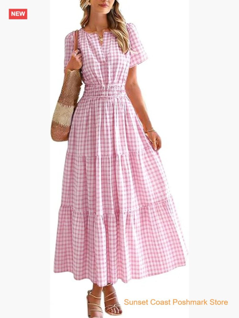 Casual Plaid Maxi Dress Short Sleeve V Neck Elastic Waist Boho Dress with